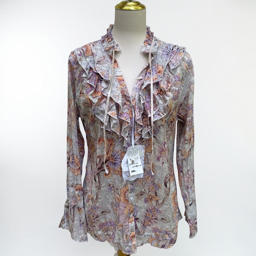 Cino Sundance Floral Paisley Ruffle Top L Purple Cotton Crinkle Boho Shirt NWT